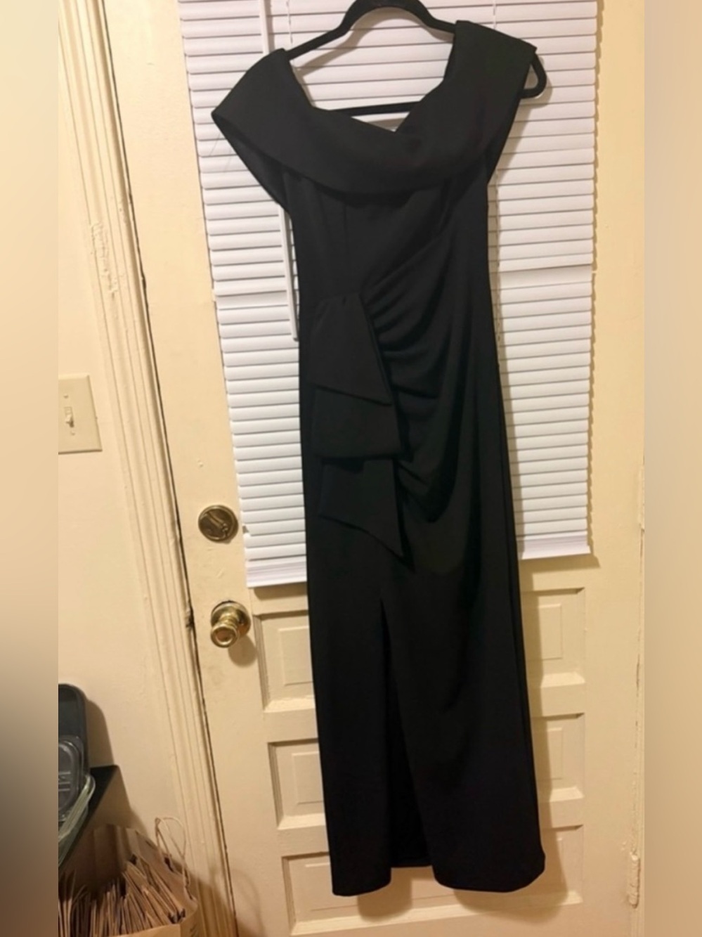 Xscape Black Off-Shoulder Maxi Gown with Draped Ruffle